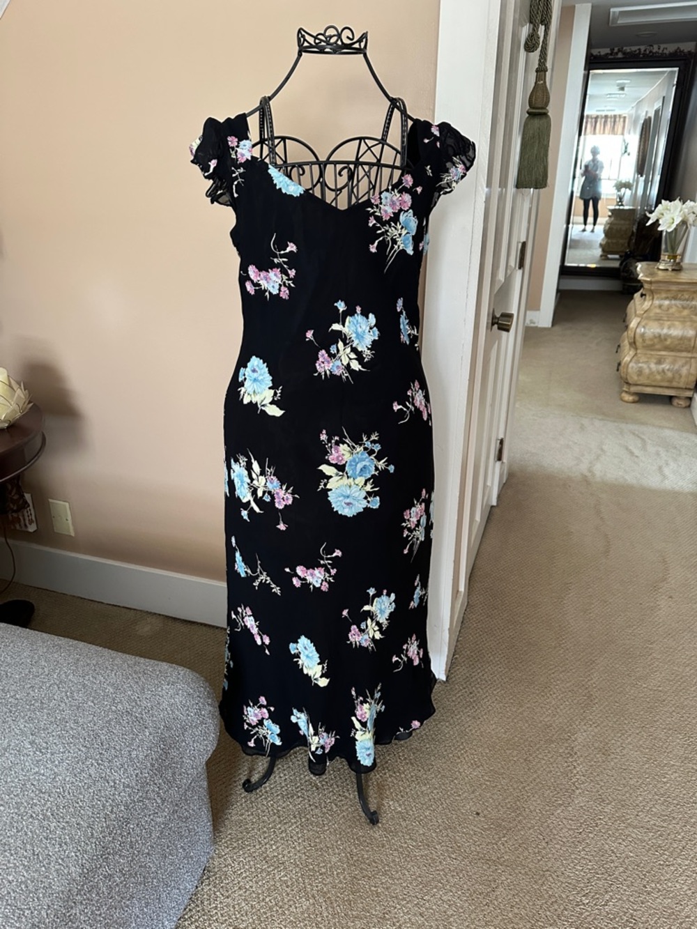 Black Floral Maxi Slip Dress with Pastel Blue & Pink Blooms